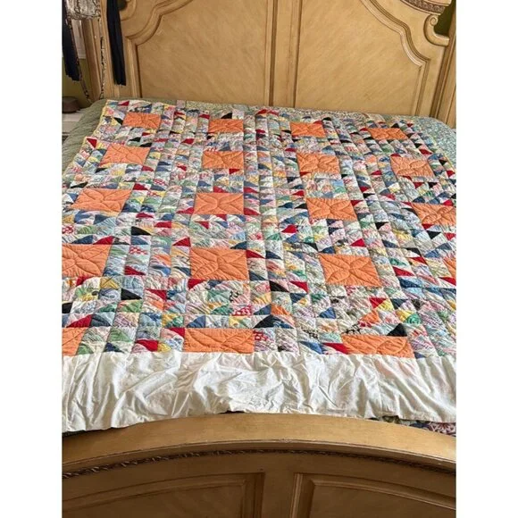 Vintage Handmade Patchwork Quilt 80x62 Multicolor Scrap Quilt Yellow Back - Picture 3 of 16